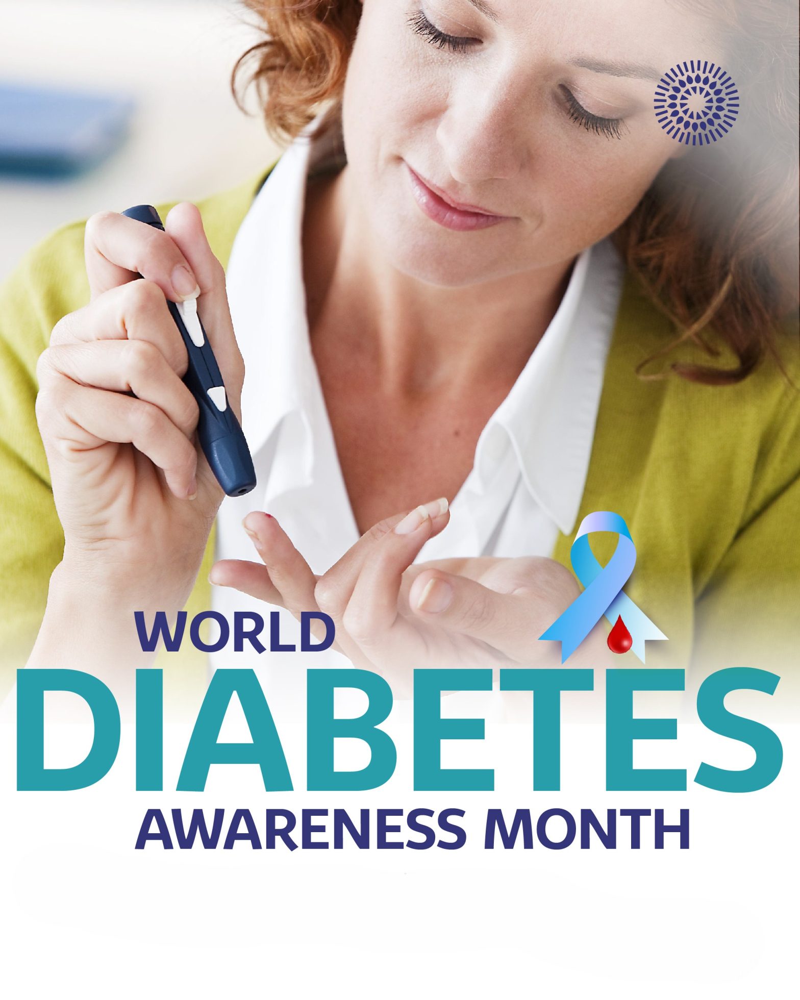 portrait Image of a woman testing her blood sugar and text over lay stating world diabetes awareness month
