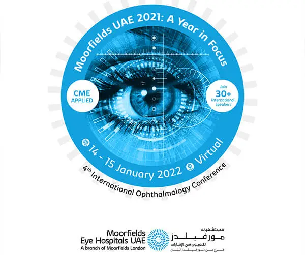 Moorfields UAE international ophthalmology conference poster titled Moorfields UAE 2021: A Year in Focus, featuring a blue digital eye illustration and event details for 14–15 January 2022.